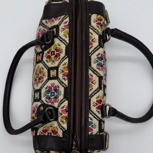 Anthropologie Nest Cross Stitch Embroidery Purse Bag Satchel Leather Handles - Picture 4 of 10